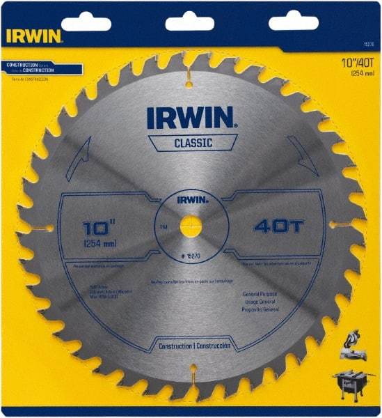 Irwin Blades - 10" Diam, 5/8" Arbor Hole Diam, 40 Tooth Wet & Dry Cut Saw Blade - Carbide-Tipped, Smooth Action, Diamond Arbor - Eagle Tool & Supply