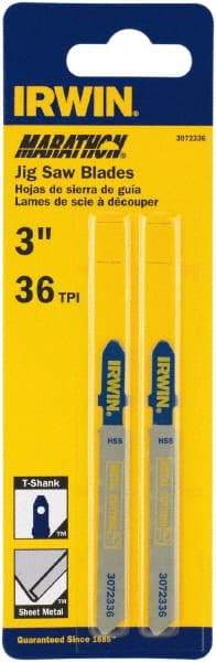 Irwin Blades - 3" Long x 0.039" Thick x 0.295" Wide, 36 Teeth per Inch, Bi-Metal Jig Saw Blade - Toothed Edge, T-Shank, Mill Tooth Set - Eagle Tool & Supply