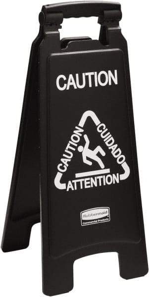 Rubbermaid - Attention/Caution/Cuidado, 11" Wide x 25" High, Polypropylene Floor Sign - English/French/Spanish, A-Frame, White on Black, For Accident Prevention - Eagle Tool & Supply