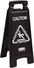 Rubbermaid - Attention/Caution/Cuidado, 11" Wide x 25" High, Polypropylene Floor Sign - English/French/Spanish, A-Frame, White on Black, For Accident Prevention - Eagle Tool & Supply