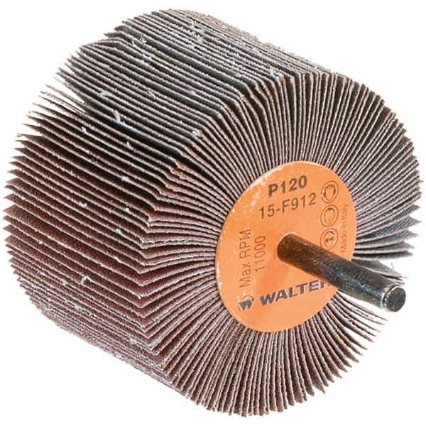 WALTER Surface Technologies - 3" Diam x 2" Face Width, Fine Aluminum Oxide Coated Mounted Flap Wheel - 1/4" Shank Mount, 120 Grit, Cloth Backing, 11,000 Max RPM - Eagle Tool & Supply