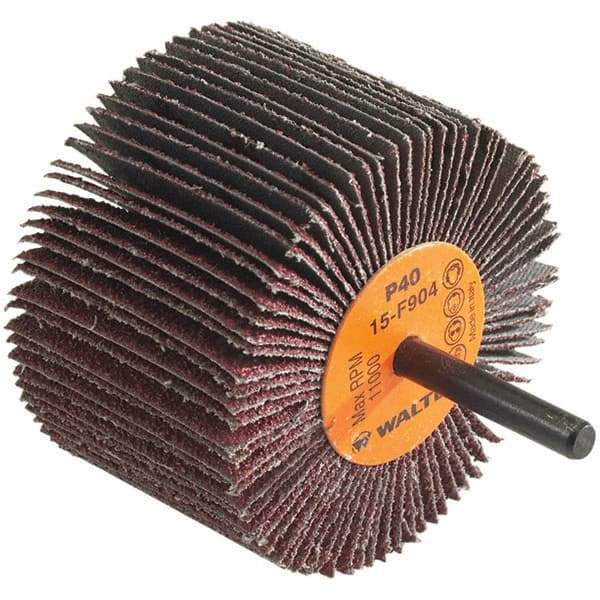 WALTER Surface Technologies - 3" Diam x 2" Face Width, Coarse Aluminum Oxide Coated Mounted Flap Wheel - 1/4" Shank Mount, 40 Grit, Cloth Backing, 11,000 Max RPM - Eagle Tool & Supply
