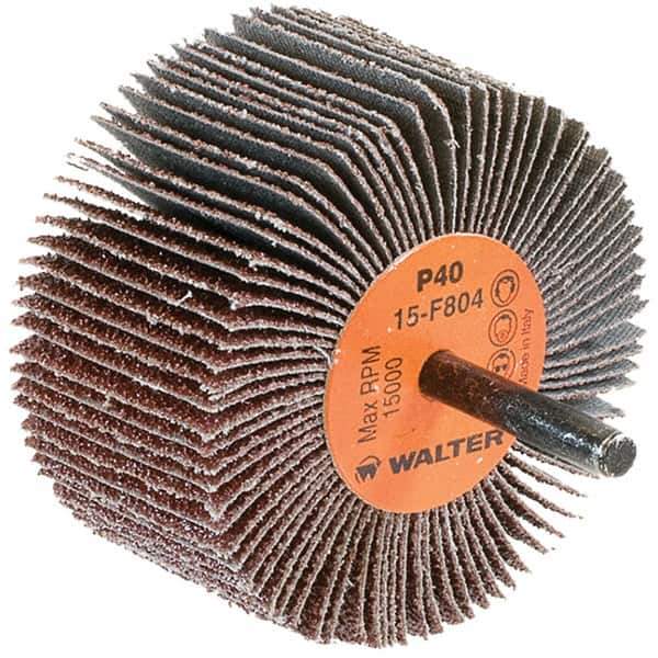 WALTER Surface Technologies - 3" Diam x 1-1/2" Face Width, Coarse Aluminum Oxide Coated Mounted Flap Wheel - 1/4" Shank Mount, 40 Grit, Cloth Backing, 15,000 Max RPM - Eagle Tool & Supply