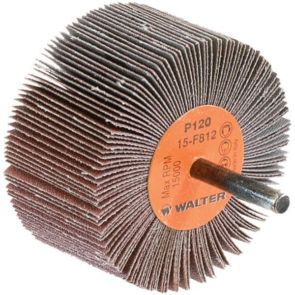 WALTER Surface Technologies - 3" Diam x 1-1/2" Face Width, Fine Aluminum Oxide Coated Mounted Flap Wheel - 1/4" Shank Mount, 120 Grit, Cloth Backing, 15,000 Max RPM - Eagle Tool & Supply