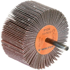 WALTER Surface Technologies - 3" Diam x 1-1/2" Face Width, Fine Aluminum Oxide Coated Mounted Flap Wheel - 1/4" Shank Mount, 120 Grit, Cloth Backing, 15,000 Max RPM - Eagle Tool & Supply