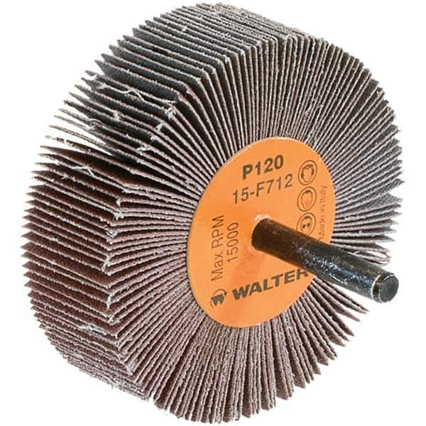 WALTER Surface Technologies - 3" Diam x 1" Face Width, Fine Aluminum Oxide Coated Mounted Flap Wheel - 1/4" Shank Mount, 120 Grit, Cloth Backing, 15,000 Max RPM - Eagle Tool & Supply