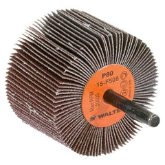 WALTER Surface Technologies - 2-1/2" Diam x 1-1/2" Face Width, Medium Aluminum Oxide Coated Mounted Flap Wheel - 1/4" Shank Mount, 80 Grit, Cloth Backing, 20,000 Max RPM - Eagle Tool & Supply