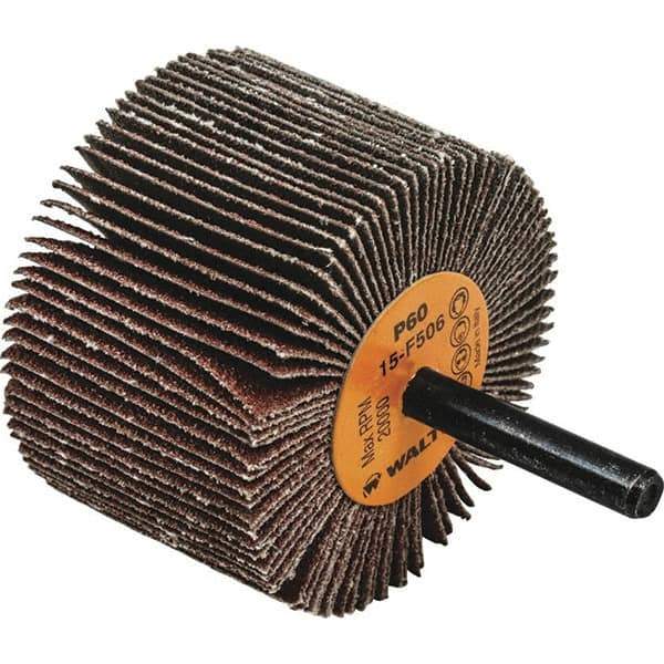 WALTER Surface Technologies - 2-1/2" Diam x 1-1/2" Face Width, Medium Aluminum Oxide Coated Mounted Flap Wheel - 1/4" Shank Mount, 60 Grit, Cloth Backing, 20,000 Max RPM - Eagle Tool & Supply