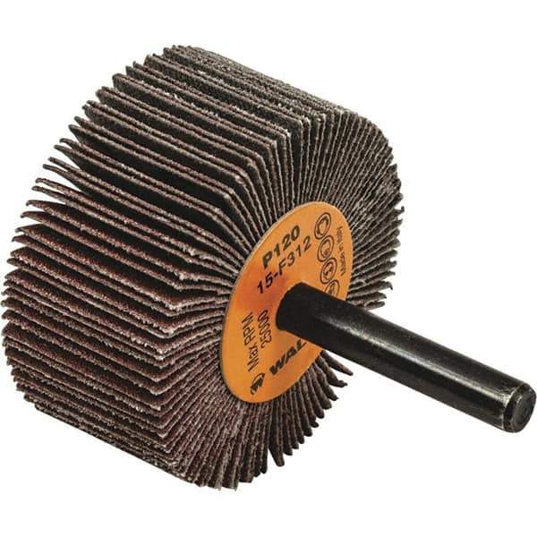 WALTER Surface Technologies - 2" Diam x 1" Face Width, Fine Aluminum Oxide Coated Mounted Flap Wheel - 1/4" Shank Mount, 120 Grit, Cloth Backing, 25,000 Max RPM - Eagle Tool & Supply