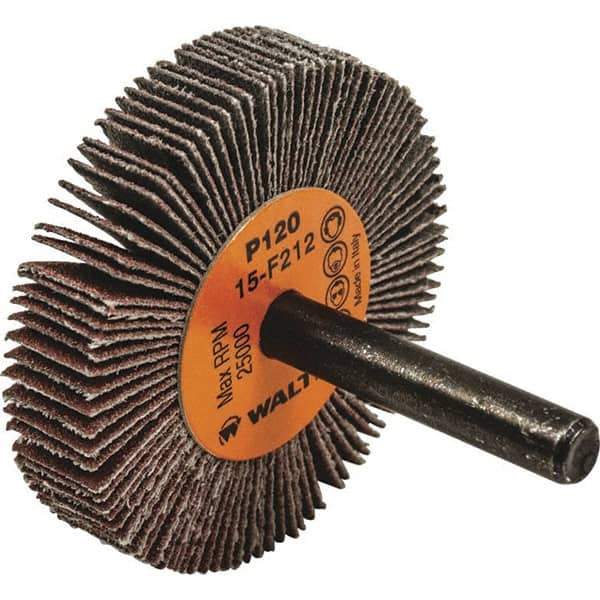 WALTER Surface Technologies - 2" Diam x 3/8" Face Width, Fine Aluminum Oxide Coated Mounted Flap Wheel - 1/4" Shank Mount, 120 Grit, Cloth Backing, 25,000 Max RPM - Eagle Tool & Supply