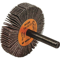 WALTER Surface Technologies - 2" Diam x 3/8" Face Width, Fine Aluminum Oxide Coated Mounted Flap Wheel - 1/4" Shank Mount, 120 Grit, Cloth Backing, 25,000 Max RPM - Eagle Tool & Supply