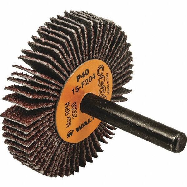 WALTER Surface Technologies - 2" Diam x 3/8" Face Width, Coarse Aluminum Oxide Coated Mounted Flap Wheel - 1/4" Shank Mount, 40 Grit, Cloth Backing, 25,000 Max RPM - Eagle Tool & Supply