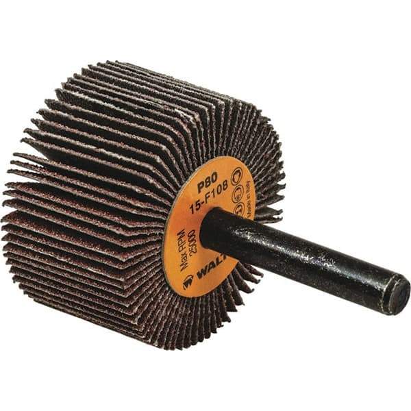 WALTER Surface Technologies - 1-1/2" Diam x 3/8" Face Width, Medium Aluminum Oxide Coated Mounted Flap Wheel - 1/4" Shank Mount, 80 Grit, Cloth Backing, 25,000 Max RPM - Eagle Tool & Supply