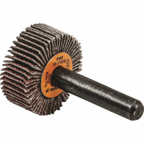 WALTER Surface Technologies - 1" Diam x 1" Face Width, Medium Aluminum Oxide Coated Mounted Flap Wheel - 1/4" Shank Mount, 80 Grit, Cloth Backing, 30,000 Max RPM - Eagle Tool & Supply