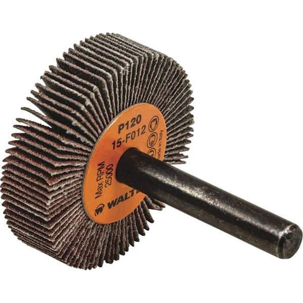 WALTER Surface Technologies - 1" Diam x 3/8" Face Width, Fine Aluminum Oxide Coated Mounted Flap Wheel - 1/4" Shank Mount, 120 Grit, Cloth Backing, 30,000 Max RPM - Eagle Tool & Supply