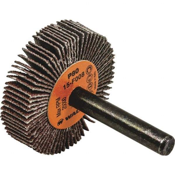 WALTER Surface Technologies - 1-1/2" Diam x 3/8" Face Width, Medium Aluminum Oxide Coated Mounted Flap Wheel - 1/4" Shank Mount, 80 Grit, Cloth Backing, 30,000 Max RPM - Eagle Tool & Supply