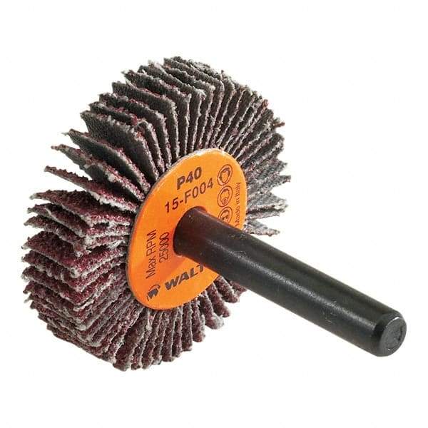 WALTER Surface Technologies - 1" Diam x 3/8" Face Width, Coarse Aluminum Oxide Coated Mounted Flap Wheel - 1/4" Shank Mount, 40 Grit, Cloth Backing, 30,000 Max RPM - Eagle Tool & Supply
