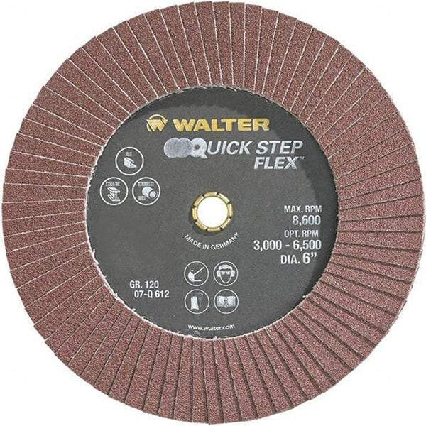 WALTER Surface Technologies - 120 Grit, 6" Disc Diam, Aluminum Oxide Flap Disc - 8,600 Max RPM, Fiber Backing, Hook & Loop Attaching System, Coated - Eagle Tool & Supply