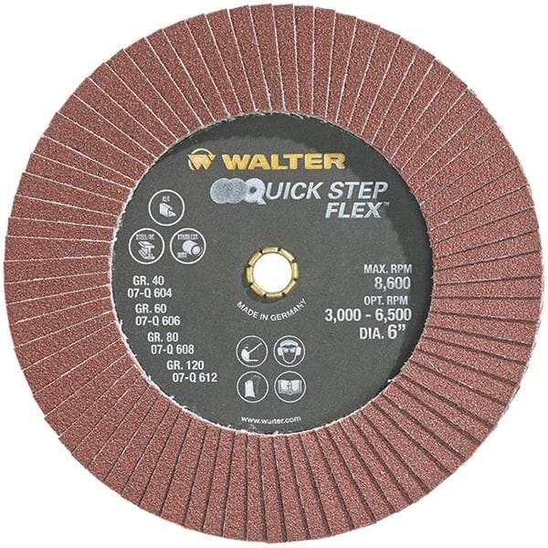 WALTER Surface Technologies - 80 Grit, 6" Disc Diam, Aluminum Oxide Flap Disc - 8,600 Max RPM, Fiber Backing, Hook & Loop Attaching System, Coated - Eagle Tool & Supply