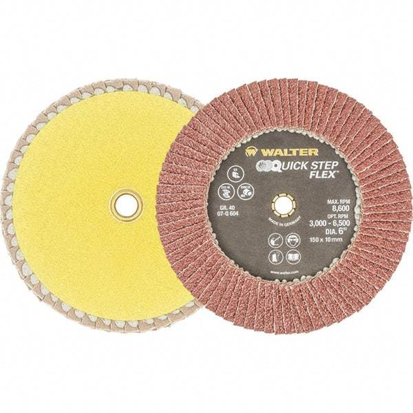 WALTER Surface Technologies - 40 Grit, 6" Disc Diam, Aluminum Oxide Flap Disc - 8,600 Max RPM, Fiber Backing, Hook & Loop Attaching System, Coated - Eagle Tool & Supply