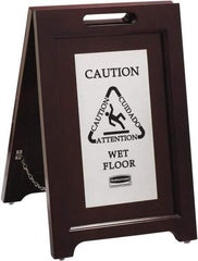 Rubbermaid - Attention/, Caution/, Cuidado/, Wet Floor, 15-1/8" Wide x 22" High, Wood Floor Sign - English/French/Spanish, A-Frame, Black on Silver, For Accident Prevention - Eagle Tool & Supply