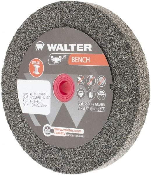 WALTER Surface Technologies - 36 Grit Aluminum Oxide Bench & Pedestal Grinding Wheel - 6" Diam x 1" Hole x 3/4" Thick, 4100 Max RPM, Coarse Grade, Vitrified Bond - Eagle Tool & Supply