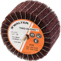 WALTER Surface Technologies - 3" Diam x 1-1/2" Face Width, Fine Aluminum Oxide Nonwoven & Coated Mounted Flap Wheel - 1/4-20 Threaded Mount, 180 Grit, Interleaf, 8,000 Max RPM - Eagle Tool & Supply