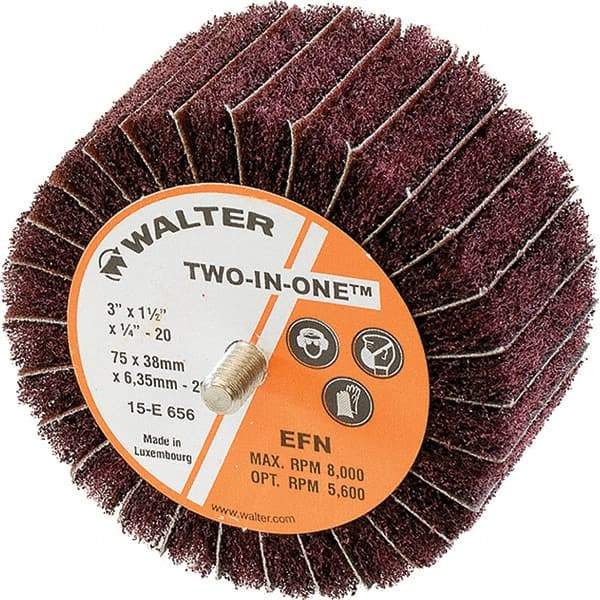 WALTER Surface Technologies - 3" Diam x 1-1/2" Face Width, Extra Fine Aluminum Oxide Nonwoven & Coated Mounted Flap Wheel - 1/4-20 Threaded Mount, 220 Grit, Interleaf, 8,000 Max RPM - Eagle Tool & Supply