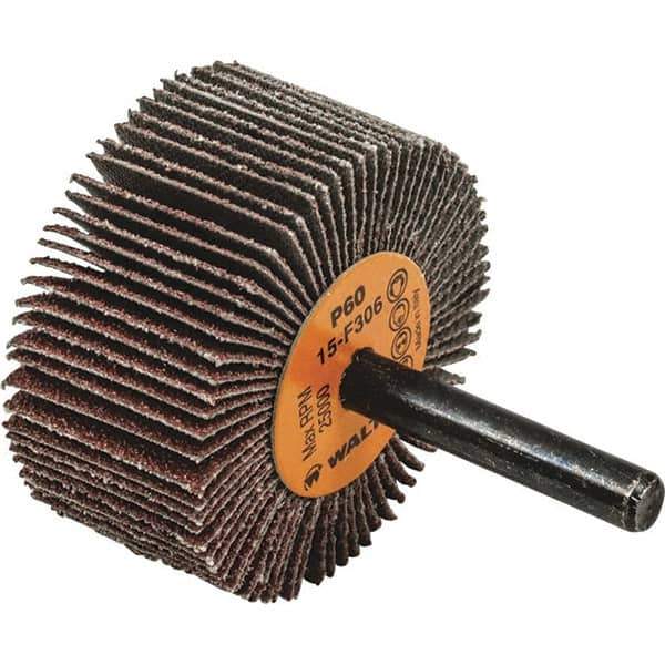 WALTER Surface Technologies - 2" Diam x 1" Face Width, Medium Aluminum Oxide Coated Mounted Flap Wheel - 1/4" Shank Mount, 60 Grit, Cloth Backing, 25,000 Max RPM - Eagle Tool & Supply