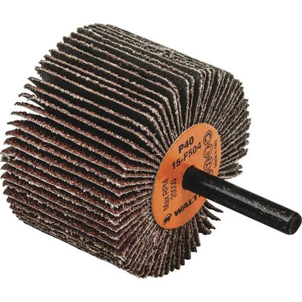 WALTER Surface Technologies - 2-1/2" Diam x 1-1/2" Face Width, Coarse Aluminum Oxide Coated Mounted Flap Wheel - 1/4" Shank Mount, 40 Grit, Cloth Backing, 20,000 Max RPM - Eagle Tool & Supply
