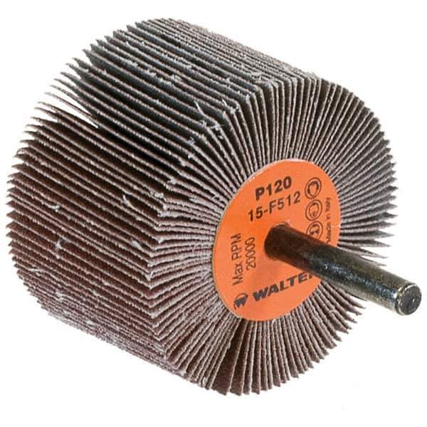 WALTER Surface Technologies - 2-1/2" Diam x 1-1/2" Face Width, Fine Aluminum Oxide Coated Mounted Flap Wheel - 1/4" Shank Mount, 120 Grit, Cloth Backing, 20,000 Max RPM - Eagle Tool & Supply