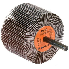 WALTER Surface Technologies - 2-1/2" Diam x 1-1/2" Face Width, Fine Aluminum Oxide Coated Mounted Flap Wheel - 1/4" Shank Mount, 120 Grit, Cloth Backing, 20,000 Max RPM - Eagle Tool & Supply