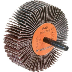 WALTER Surface Technologies - 3" Diam x 1" Face Width, Coarse Aluminum Oxide Coated Mounted Flap Wheel - 1/4" Shank Mount, 40 Grit, Cloth Backing, 15,000 Max RPM - Eagle Tool & Supply