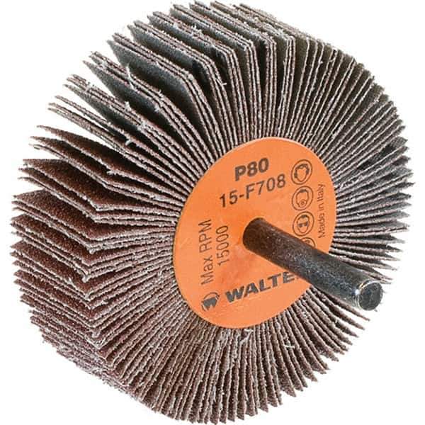 WALTER Surface Technologies - 3" Diam x 1" Face Width, Medium Aluminum Oxide Coated Mounted Flap Wheel - 1/4" Shank Mount, 80 Grit, Cloth Backing, 15,000 Max RPM - Eagle Tool & Supply