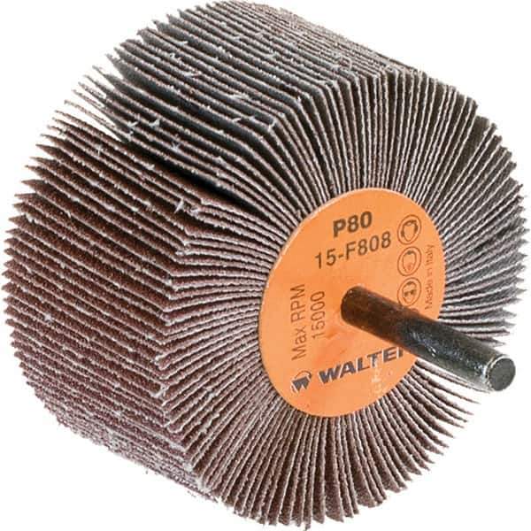 WALTER Surface Technologies - 3" Diam x 1-1/2" Face Width, Medium Aluminum Oxide Coated Mounted Flap Wheel - 1/4" Shank Mount, 80 Grit, Cloth Backing, 15,000 Max RPM - Eagle Tool & Supply