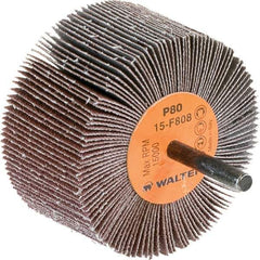 WALTER Surface Technologies - 3" Diam x 1-1/2" Face Width, Medium Aluminum Oxide Coated Mounted Flap Wheel - 1/4" Shank Mount, 80 Grit, Cloth Backing, 15,000 Max RPM - Eagle Tool & Supply