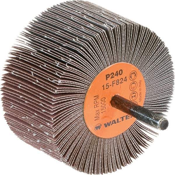 WALTER Surface Technologies - 3" Diam x 1-1/2" Face Width, Very Fine Aluminum Oxide Coated Mounted Flap Wheel - 1/4" Shank Mount, 240 Grit, Cloth Backing, 15,000 Max RPM - Eagle Tool & Supply