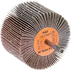 WALTER Surface Technologies - 3" Diam x 2" Face Width, Medium Aluminum Oxide Coated Mounted Flap Wheel - 1/4" Shank Mount, 60 Grit, Cloth Backing, 11,000 Max RPM - Eagle Tool & Supply