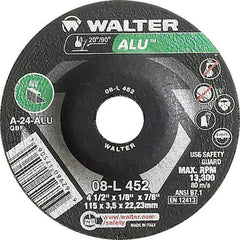 WALTER Surface Technologies - 24 Grit, 4-1/2" Wheel Diam, 1/8" Wheel Thickness, 7/8" Arbor Hole, Type 27 Depressed Center Wheel - Aluminum Oxide, Resinoid Bond, 13,300 Max RPM - Eagle Tool & Supply