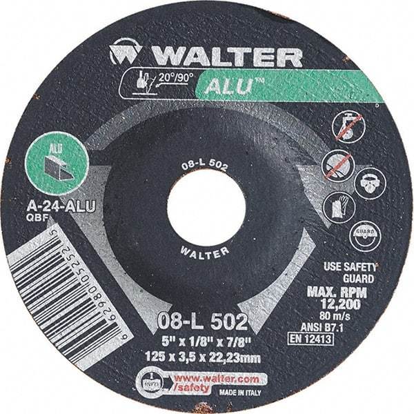 WALTER Surface Technologies - 24 Grit, 5" Wheel Diam, 1/8" Wheel Thickness, 7/8" Arbor Hole, Type 27 Depressed Center Wheel - Aluminum Oxide, Resinoid Bond, 12,200 Max RPM - Eagle Tool & Supply