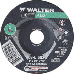 WALTER Surface Technologies - 24 Grit, 5" Wheel Diam, 1/8" Wheel Thickness, 7/8" Arbor Hole, Type 27 Depressed Center Wheel - Aluminum Oxide, Resinoid Bond, 12,200 Max RPM - Eagle Tool & Supply