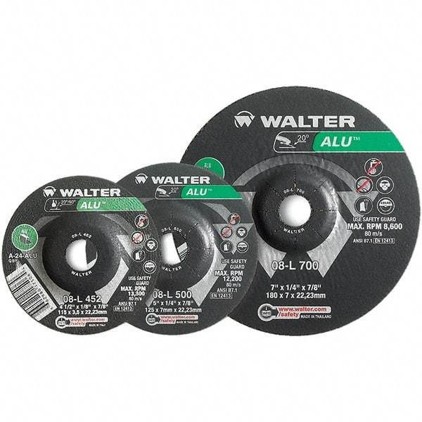WALTER Surface Technologies - 24 Grit, 7" Wheel Diam, 1/4" Wheel Thickness, Type 27 Depressed Center Wheel - Aluminum Oxide, Resinoid Bond, 8,600 Max RPM - Eagle Tool & Supply
