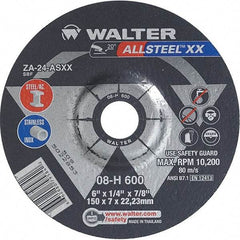 WALTER Surface Technologies - 24 Grit, 6" Wheel Diam, 1/4" Wheel Thickness, 7/8" Arbor Hole, Type 27 Depressed Center Wheel - Aluminum Oxide, Resinoid Bond, 10,200 Max RPM - Eagle Tool & Supply