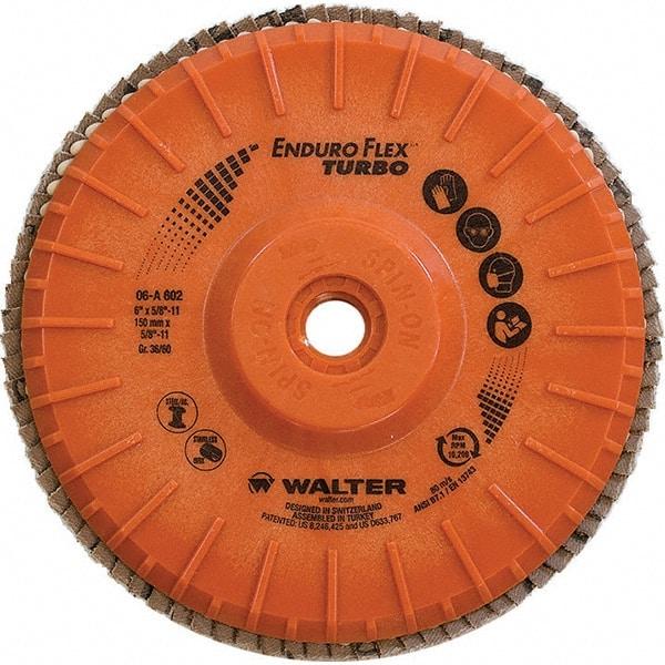 WALTER Surface Technologies - 36 & 60 Grit, 6" Disc Diam, 5/8-11 Center Hole, Type 28 Ceramic Flap Disc - 10,200 Max RPM, Plastic Backing, Arbor Attaching System, Coated - Eagle Tool & Supply
