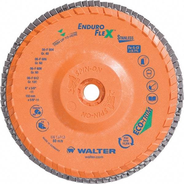 WALTER Surface Technologies - 40 Grit, 6" Disc Diam, 5/8-11 Center Hole, Type 28 Ceramic Flap Disc - 10,200 Max RPM, Plastic Backing, Arbor Attaching System, Coated - Eagle Tool & Supply