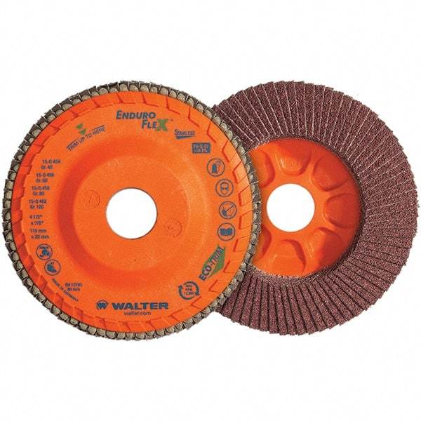 WALTER Surface Technologies - 120 Grit, 6" Disc Diam, 5/8-11 Center Hole, Type 28 Ceramic Flap Disc - 10,200 Max RPM, Plastic Backing, Arbor Attaching System, Coated - Eagle Tool & Supply