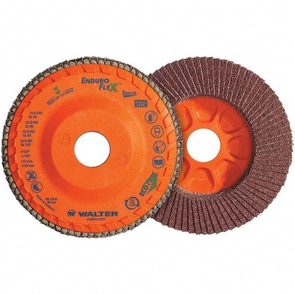 WALTER Surface Technologies - 80 Grit, 5" Disc Diam, 7/8" Center Hole, Type 28 Ceramic Flap Disc - 12,200 Max RPM, Plastic Backing, Arbor Attaching System, Coated - Eagle Tool & Supply