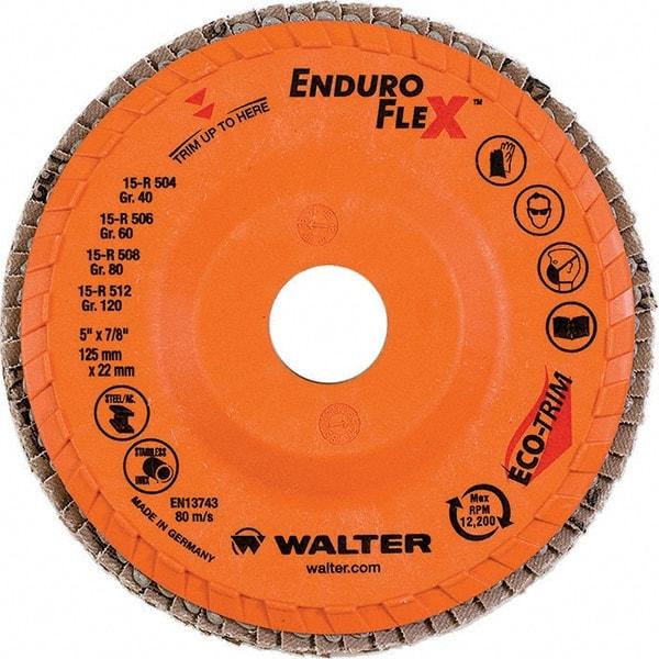 WALTER Surface Technologies - 80 Grit, 5" Disc Diam, 7/8" Center Hole, Type 28 Ceramic Flap Disc - 12,200 Max RPM, Plastic Backing, Arbor Attaching System, Coated - Eagle Tool & Supply