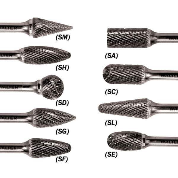 WALTER Surface Technologies - 1/2" Cut Diam, 1/4" Shank Diam, Flame Head Double Cut Burr - Carbide, 1-1/4" LOC - Eagle Tool & Supply