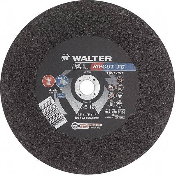 WALTER Surface Technologies - 12" 24 Grit Aluminum Oxide Cutoff Wheel - 1/8" Thick, 1" Arbor, 5,100 Max RPM, Use with Stationary Tools - Eagle Tool & Supply